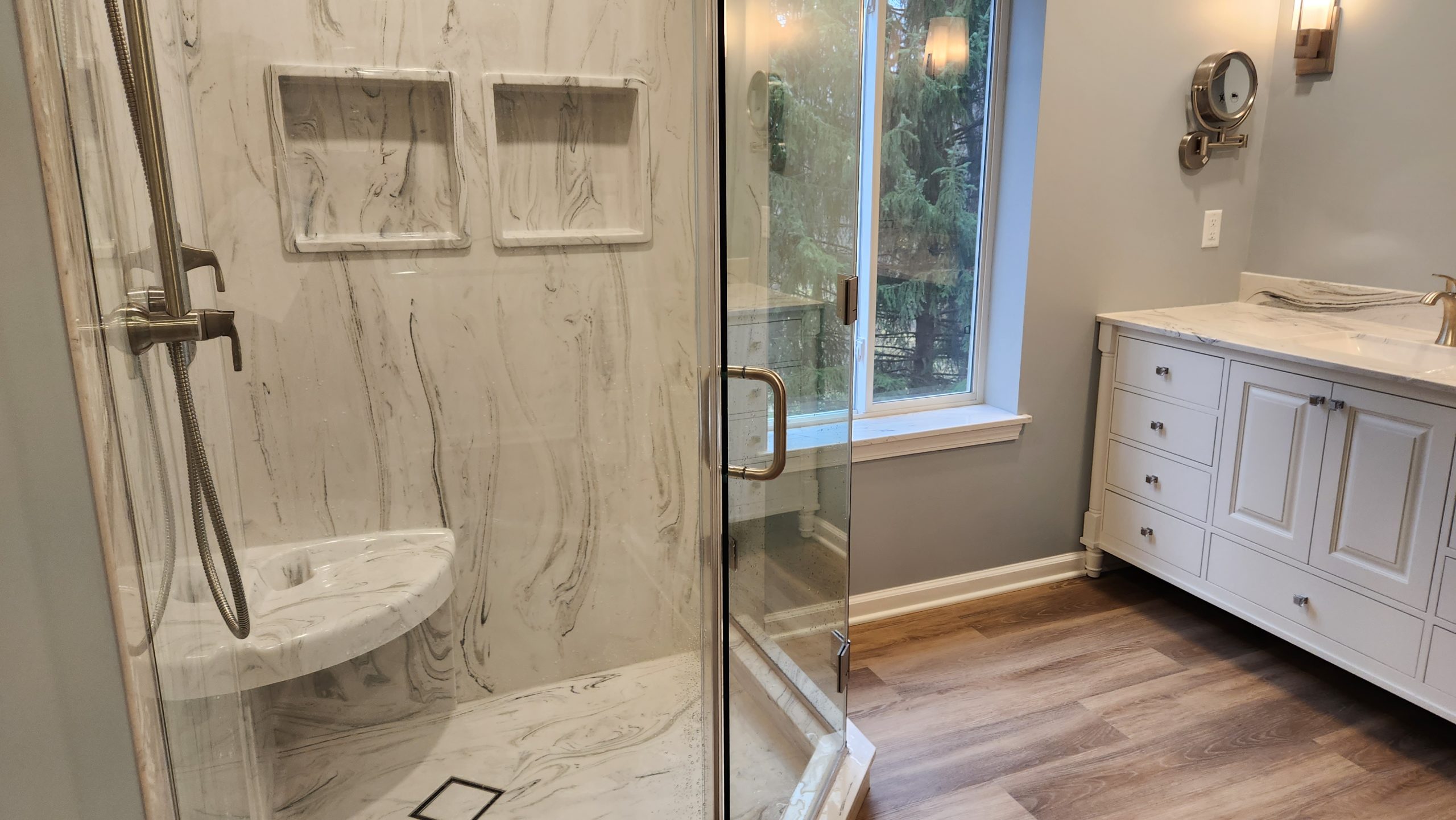 Custom made Manufactured marble, custom marble, shower,vanity top, corner shower