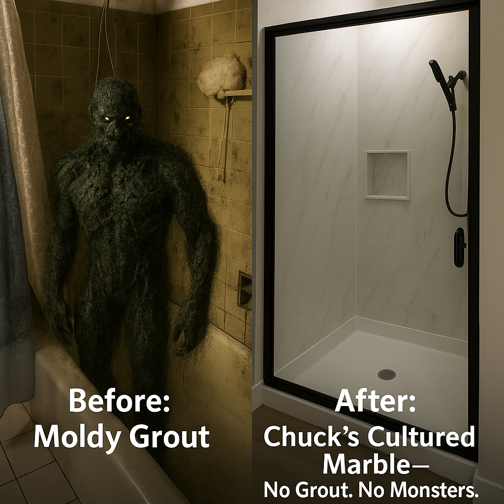 Before-and-after bathroom comparison featuring a moldy, tiled shower with a moss-covered monster versus a clean, modern cultured marble shower with no grout or monster.